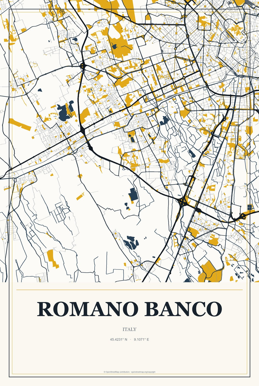 Romano Banco, Italy City Map Aluminum Sign in Citrine Modern style