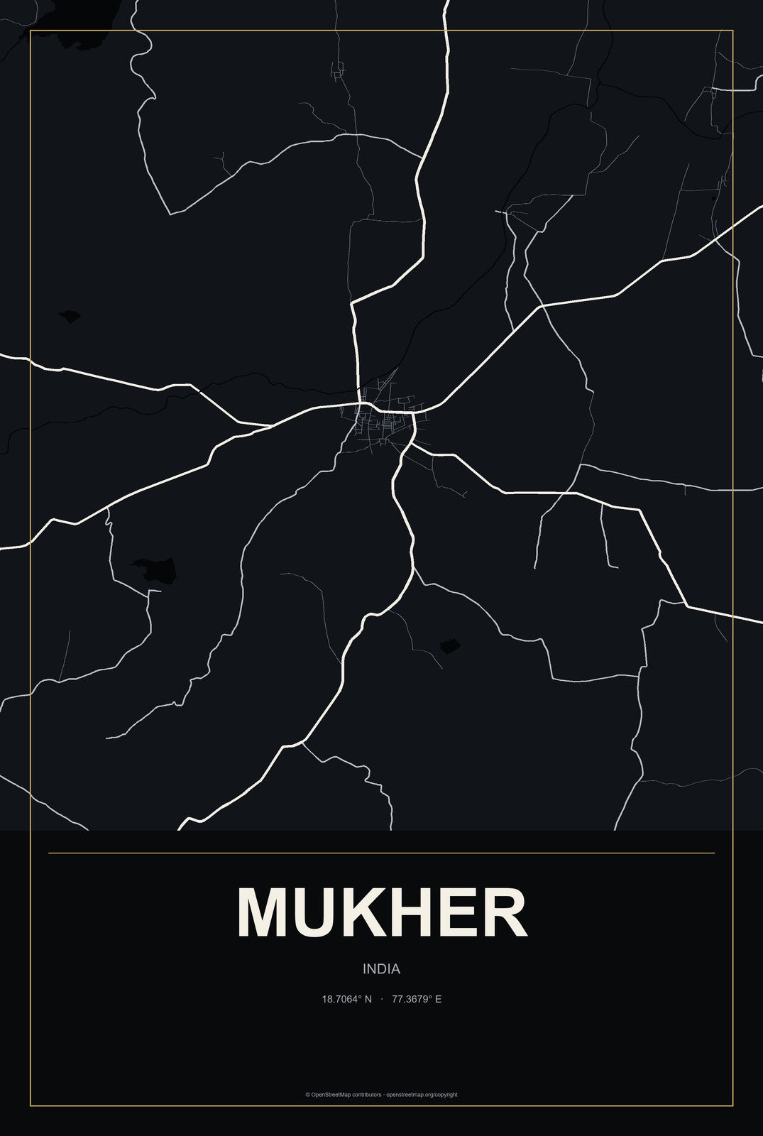 Mukher, India City Map Aluminum Sign in Metropolitan Noir style