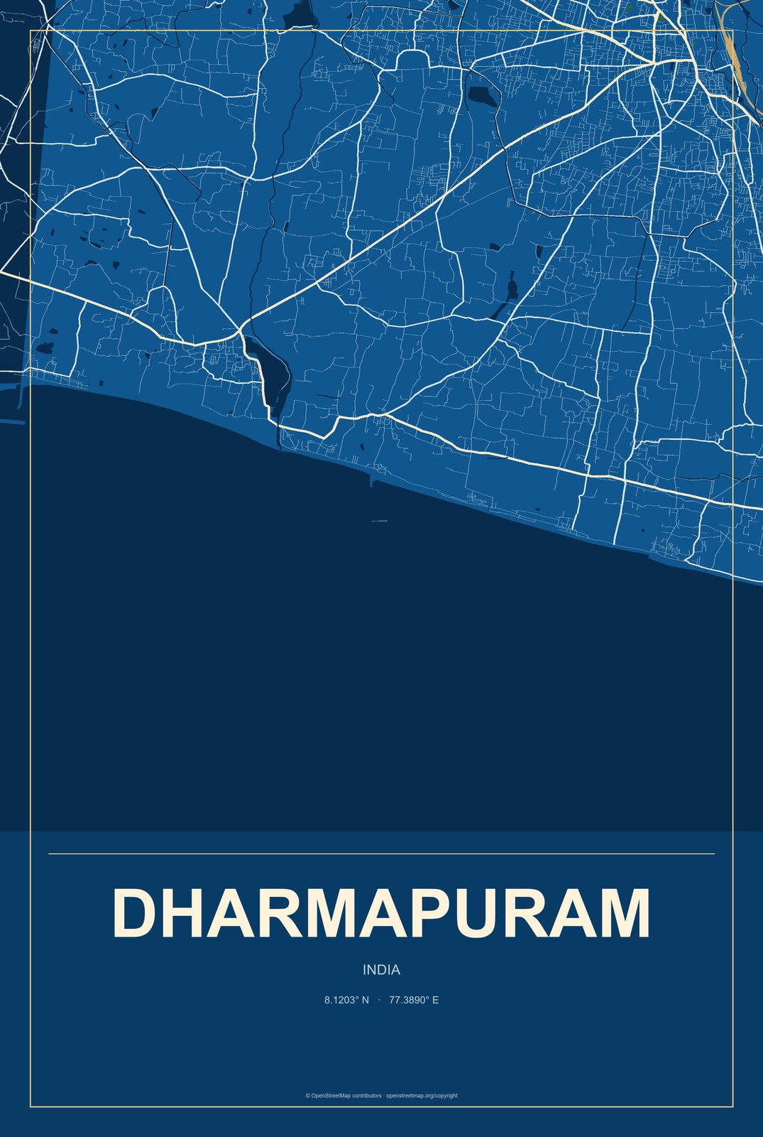 Dharmapuram, India City Map Aluminum Sign in Harbor Cobalt style