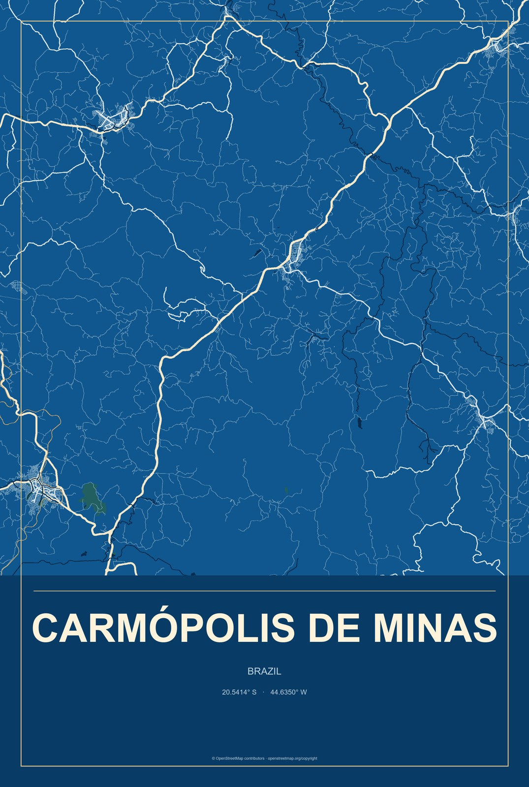 Carmópolis de Minas, Brazil City Map Aluminum Sign in Harbor Cobalt style