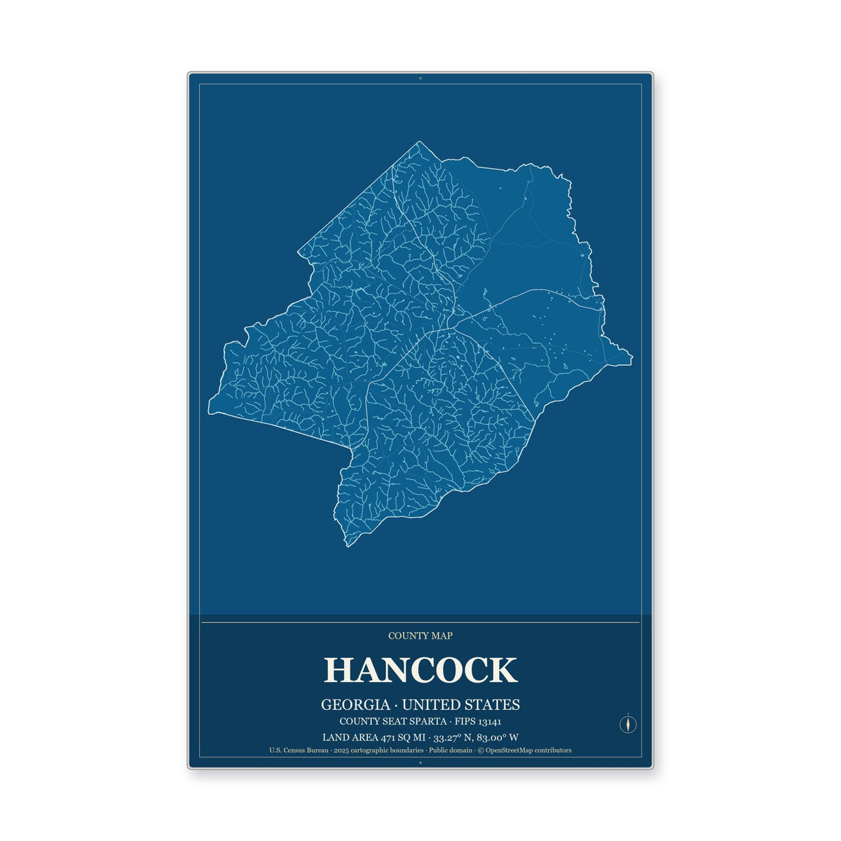 Hancock County, Georgia Map Aluminum Sign in Harbor Cobalt style