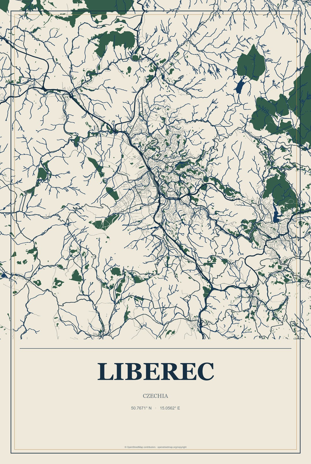 Liberec, Czechia City Map Aluminum Sign in Coastal Cutout style