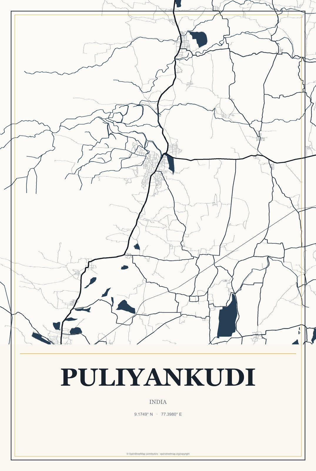 Puliyankudi, India City Map Aluminum Sign in Citrine Modern style