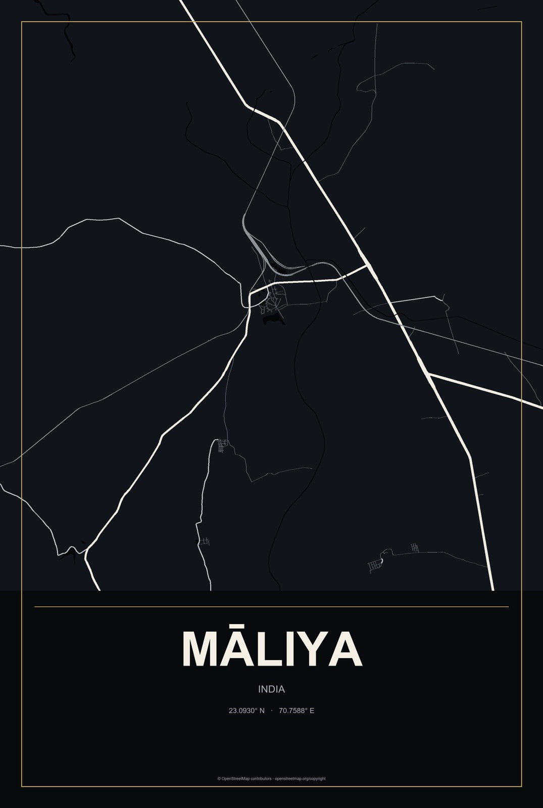 Māliya, India City Map Aluminum Sign in Metropolitan Noir style