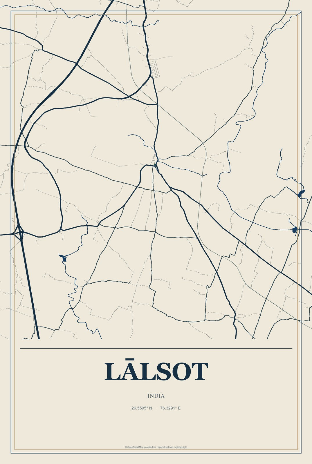 Lālsot, India City Map Aluminum Sign in Coastal Cutout style