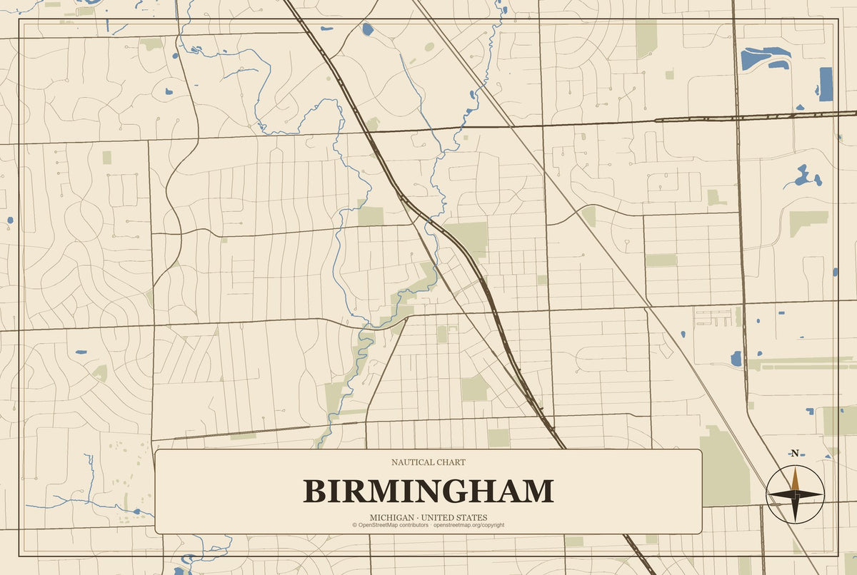 Birmingham, Michigan City Map Aluminum Sign in Heritage Nautical style