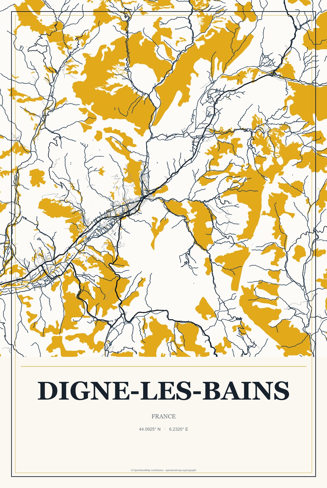 Digne-les-Bains, France City Map Aluminum Sign in Citrine Modern style