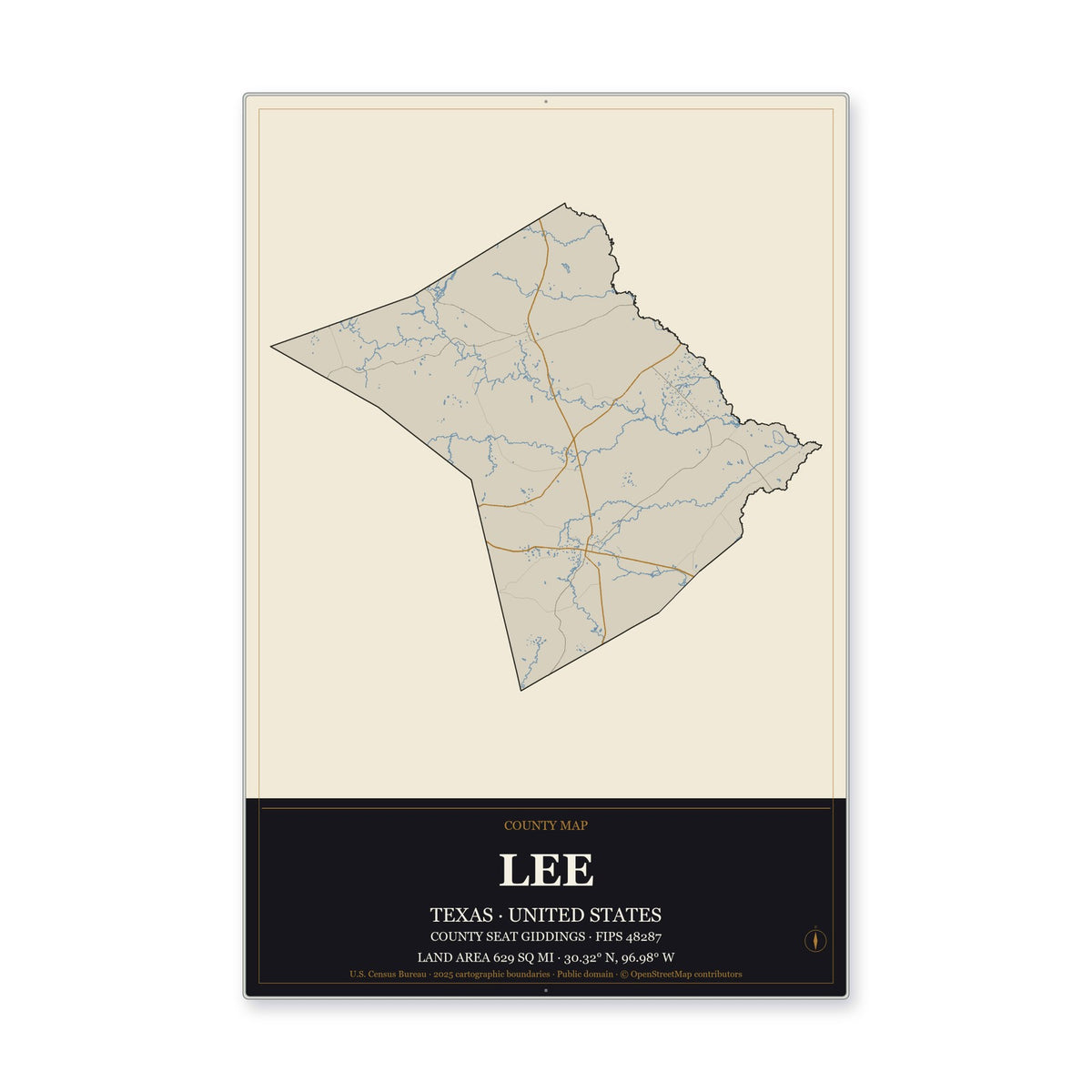 Lee County, Texas Map Aluminum Sign in Museum Plaque style