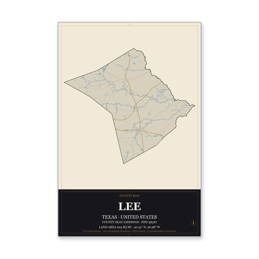 Lee County, Texas Map Aluminum Sign in Museum Plaque style