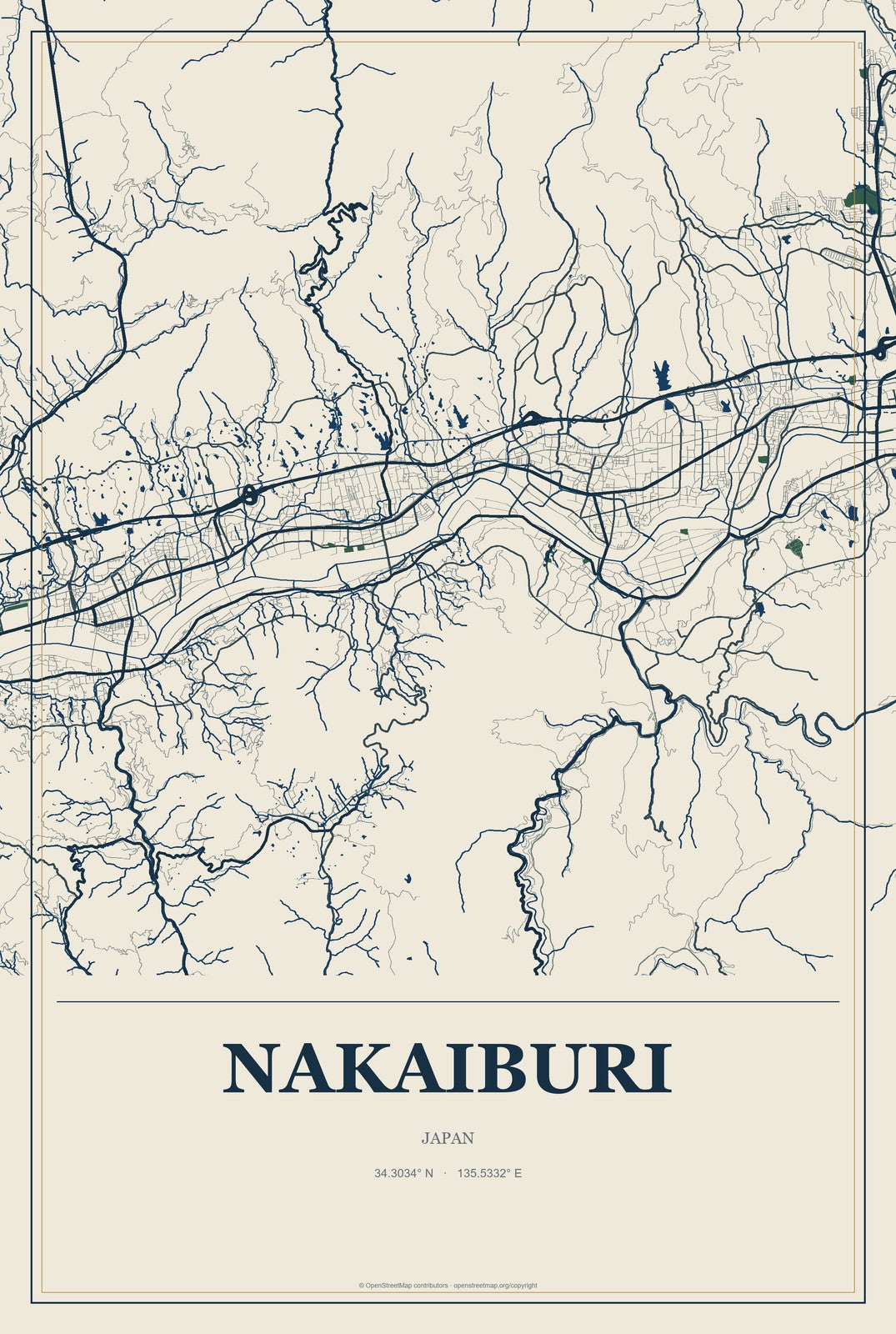 Nakaiburi, Japan City Map Aluminum Sign in Coastal Cutout style