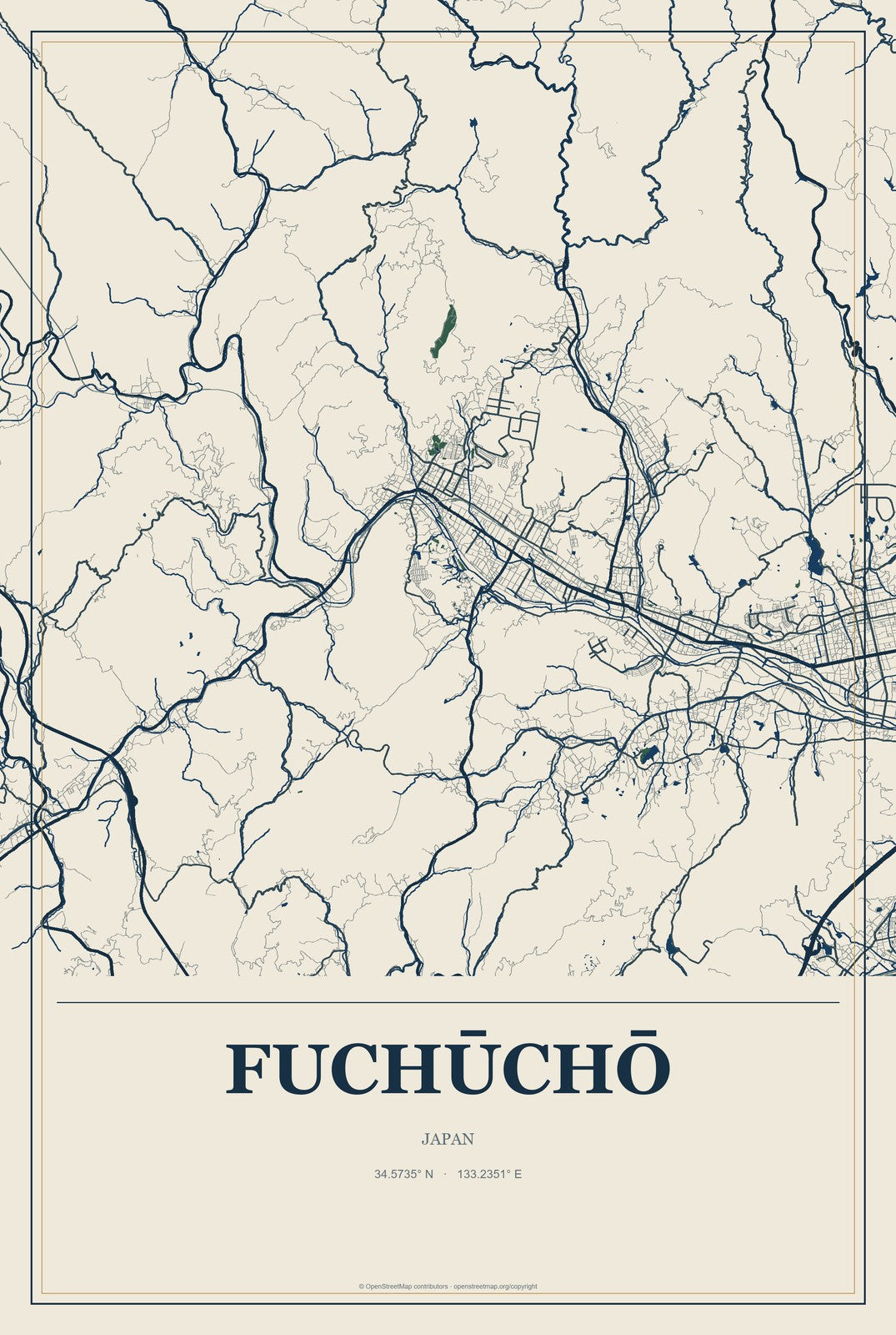 Fuchūchō, Japan City Map Aluminum Sign in Coastal Cutout style
