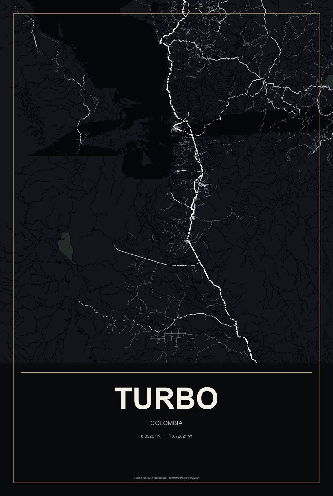 Turbo, Colombia City Map Aluminum Sign in Metropolitan Noir style