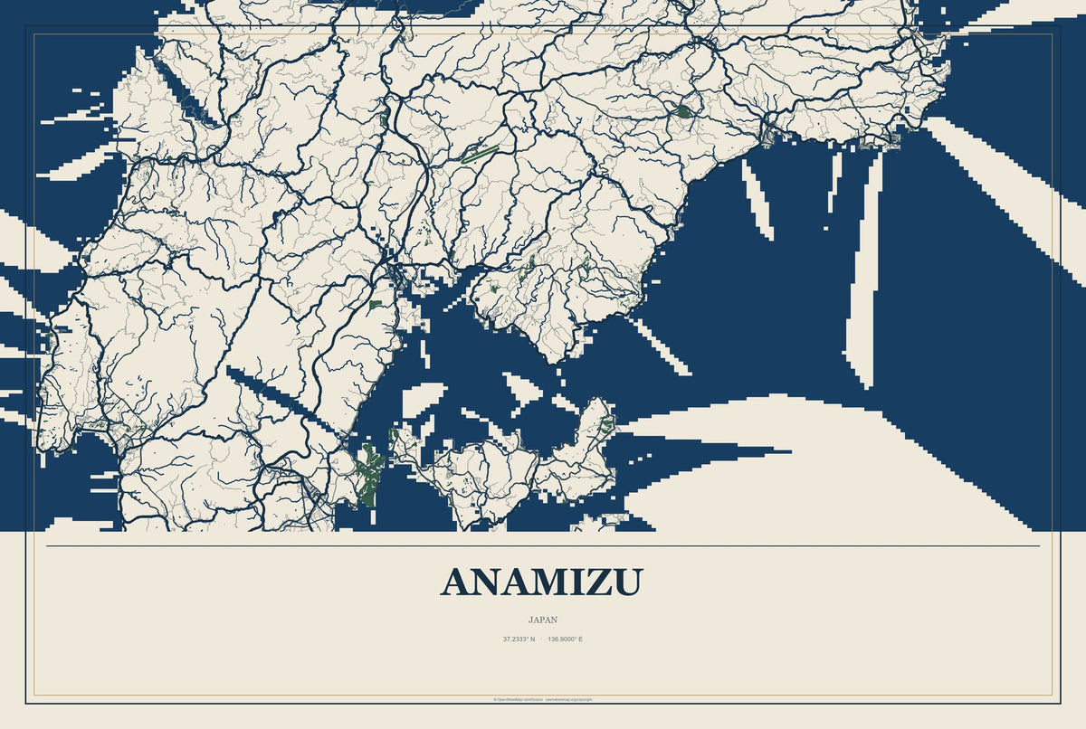 Anamizu, Japan City Map Aluminum Sign in Coastal Cutout style
