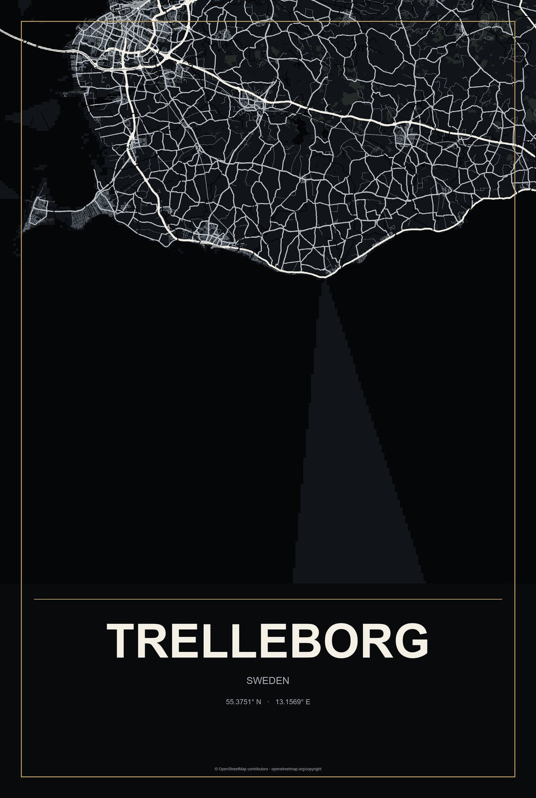 Trelleborg, Sweden City Map Aluminum Sign in Metropolitan Noir style