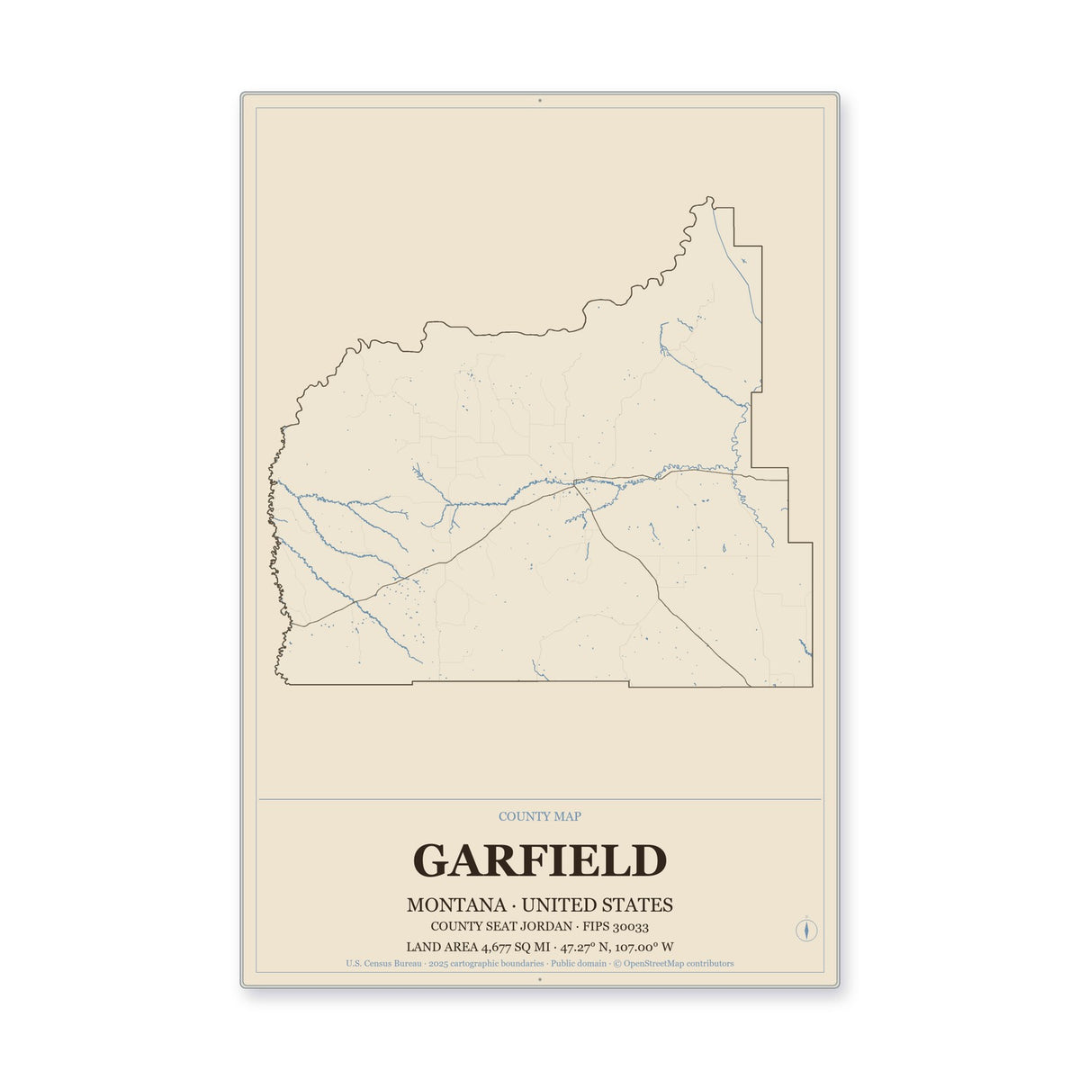 Garfield County, Montana Map Aluminum Sign in Heritage Nautical style