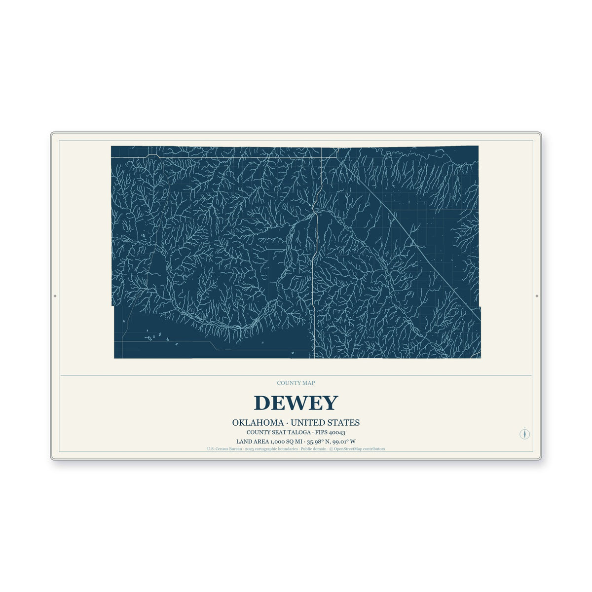 Dewey County, Oklahoma Map Aluminum Sign in Coastal Cutout style