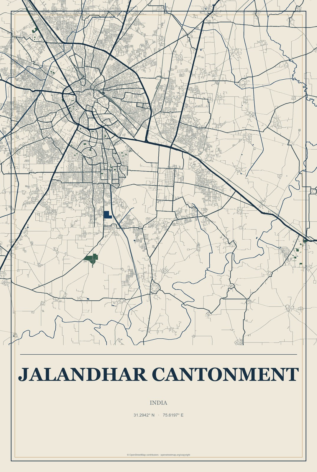 Jalandhar Cantonment, India City Map Aluminum Sign in Coastal Cutout style