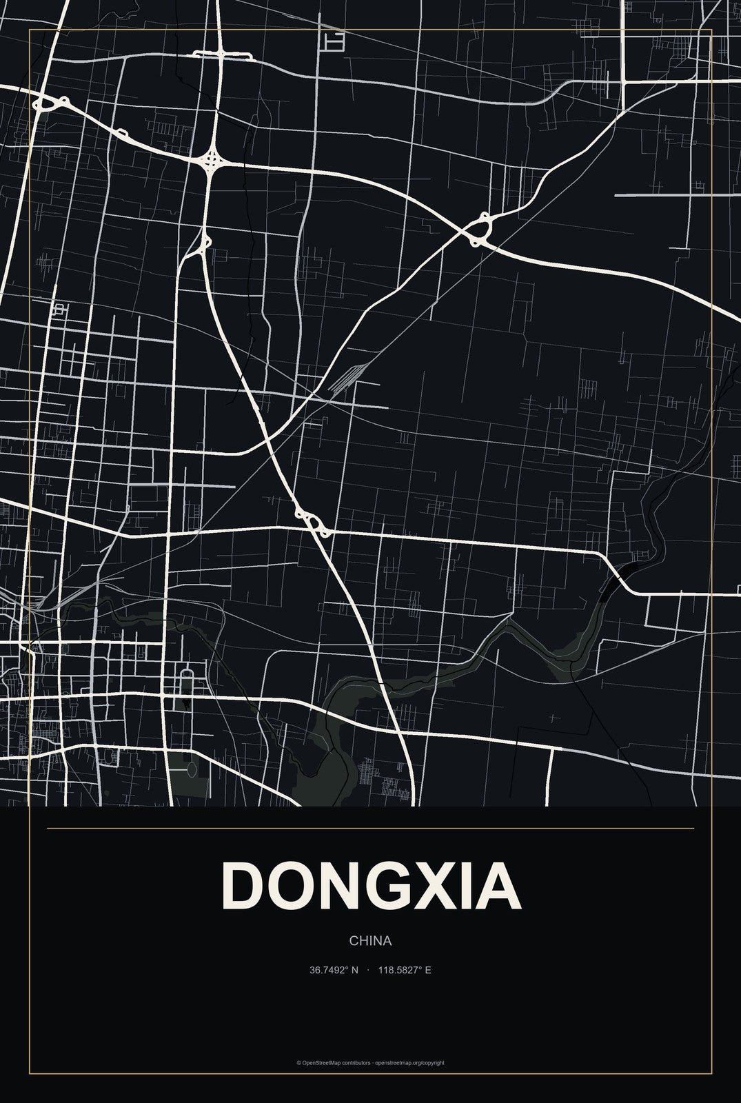 Dongxia, China City Map Aluminum Sign in Metropolitan Noir style