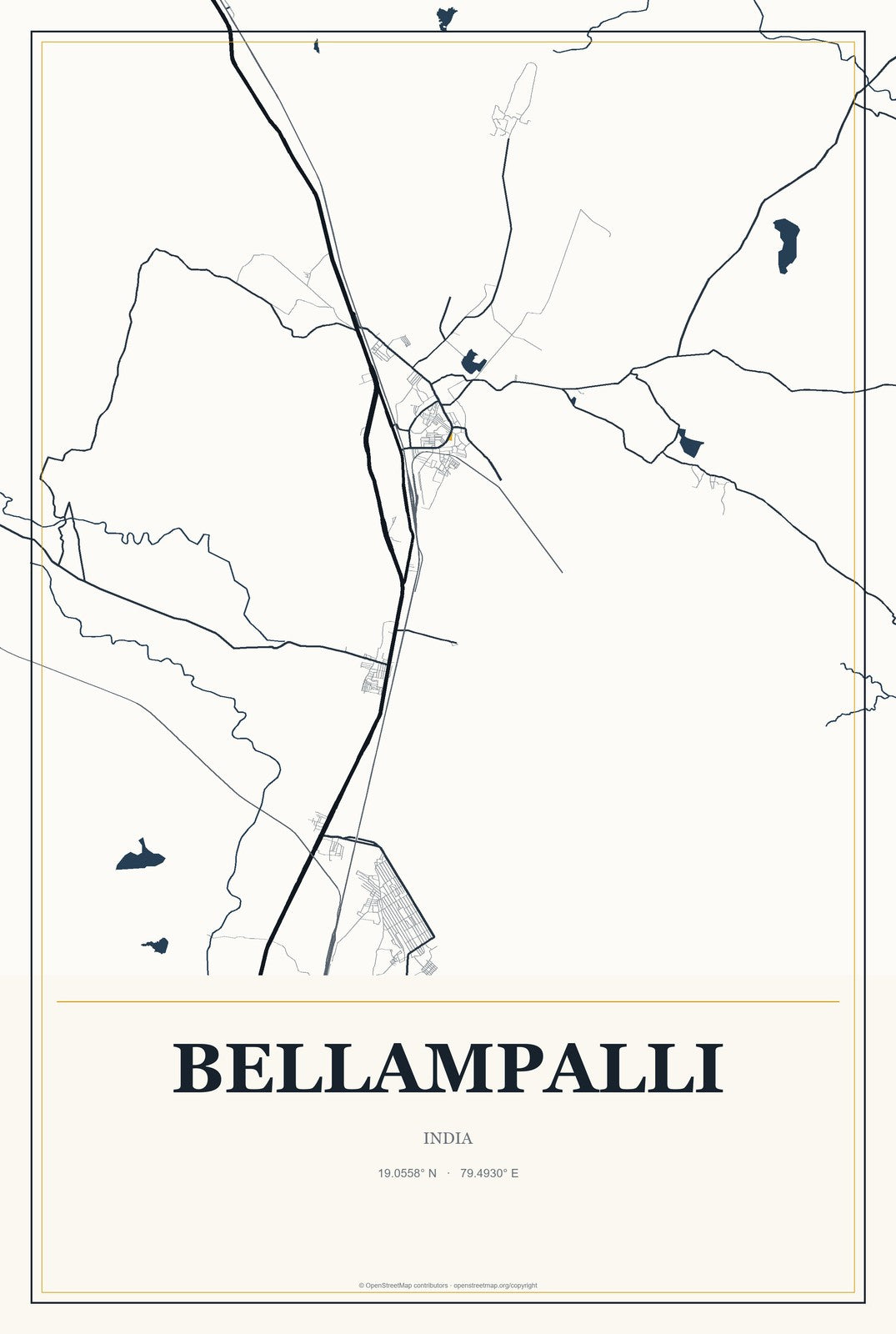 Bellampalli, India City Map Aluminum Sign in Citrine Modern style
