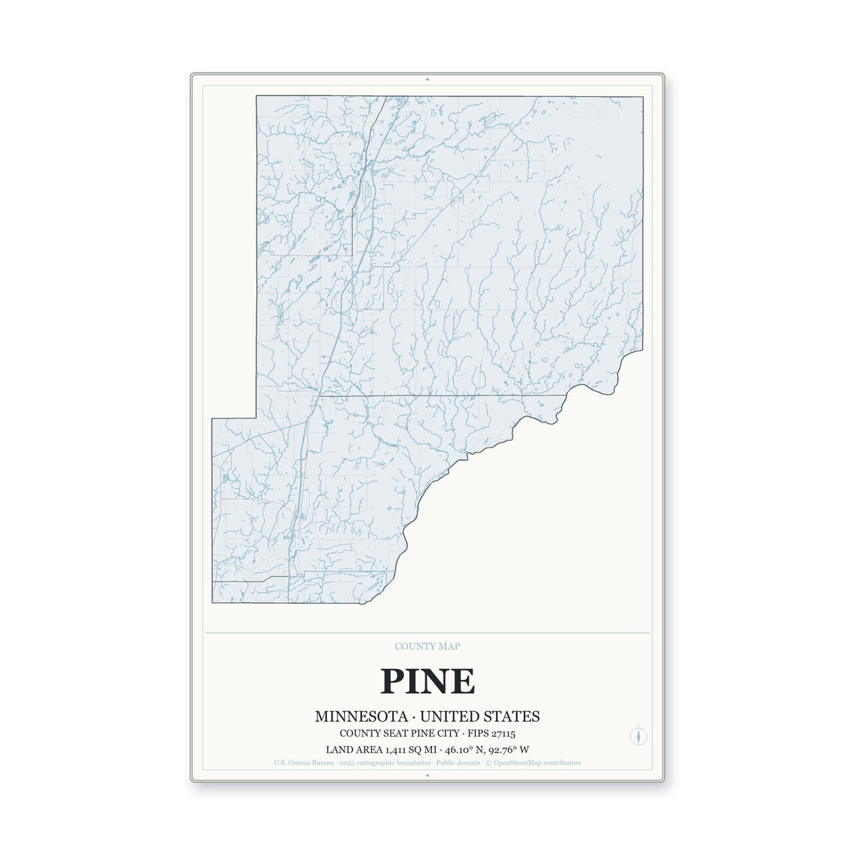 Pine County, Minnesota Map Aluminum Sign in Gallery Air style