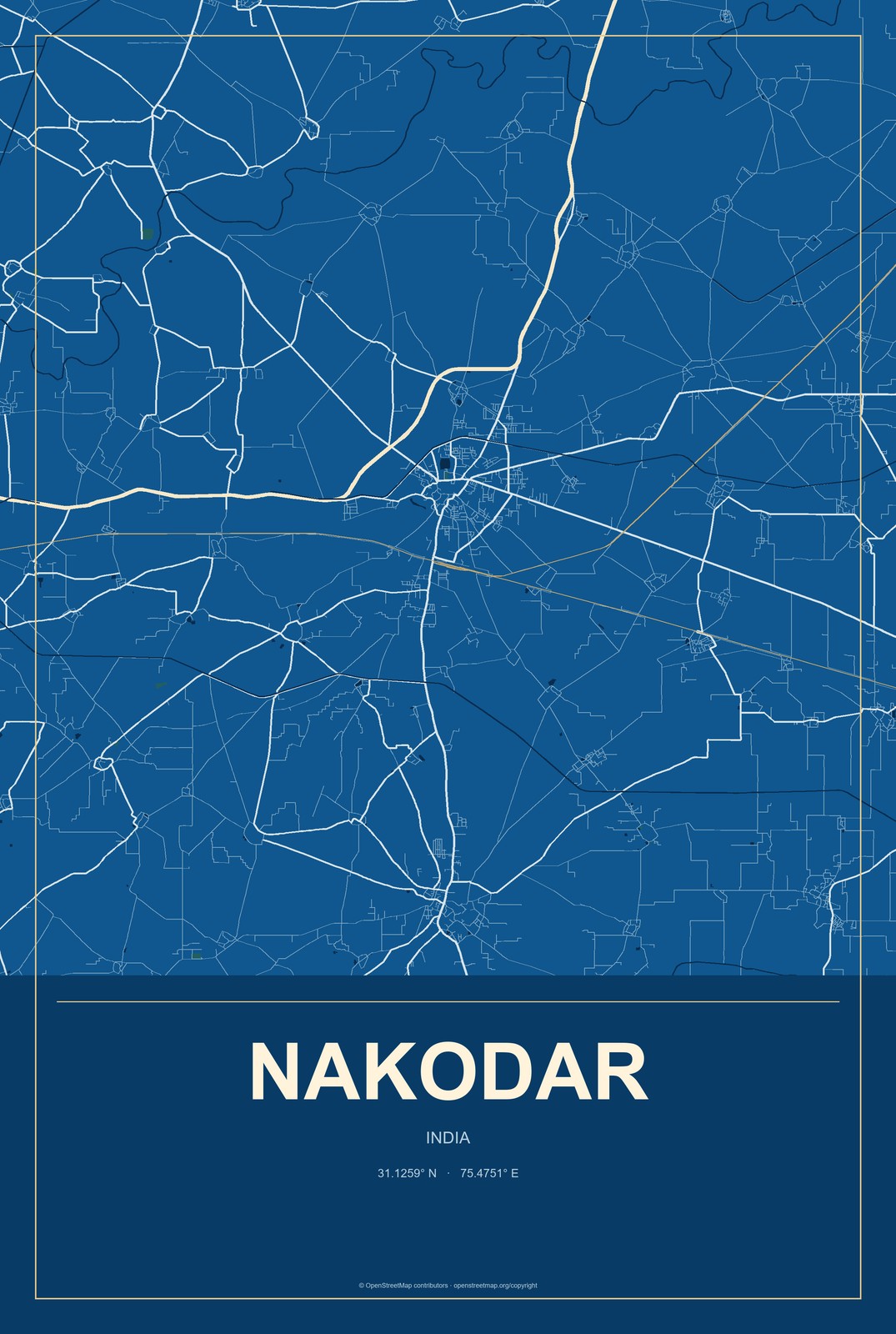 Nakodar, India City Map Aluminum Sign in Harbor Cobalt style
