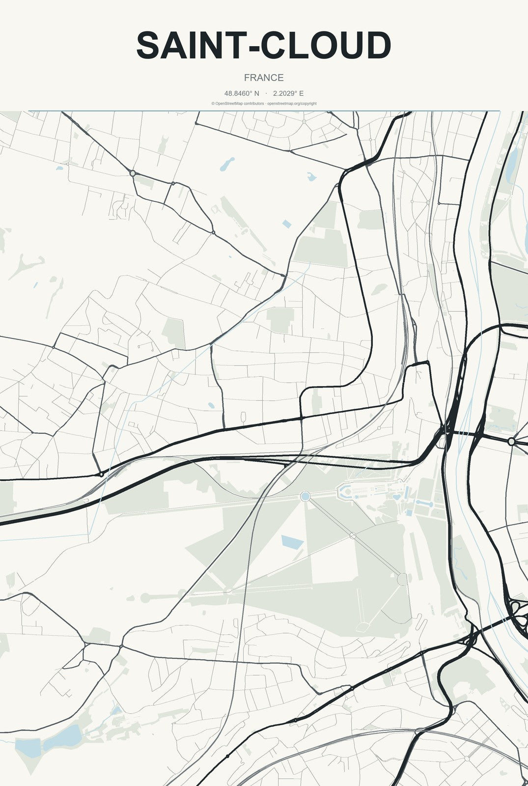 Saint-Cloud, France City Map Aluminum Sign in Headline Atlas style