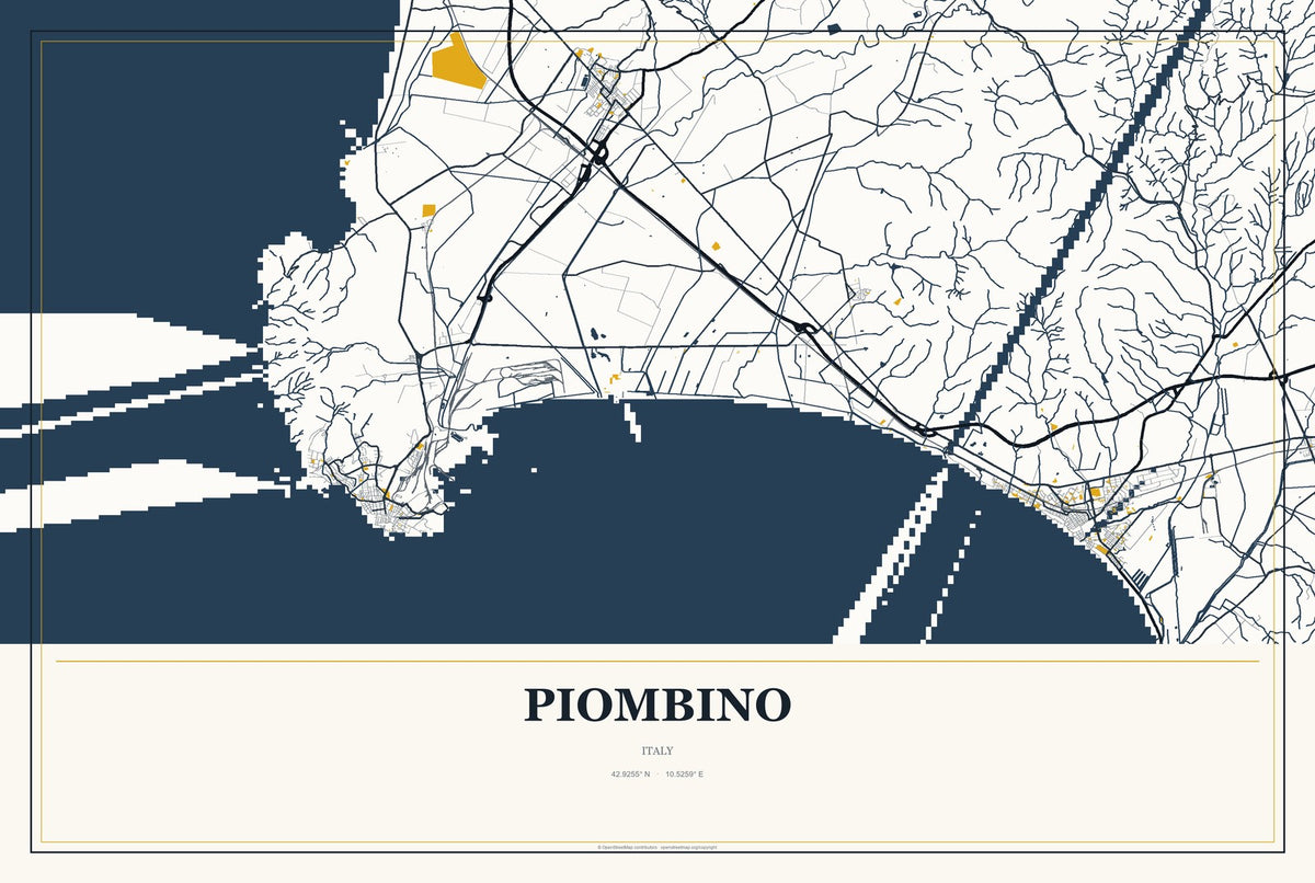 Piombino, Italy City Map Aluminum Sign in Citrine Modern style