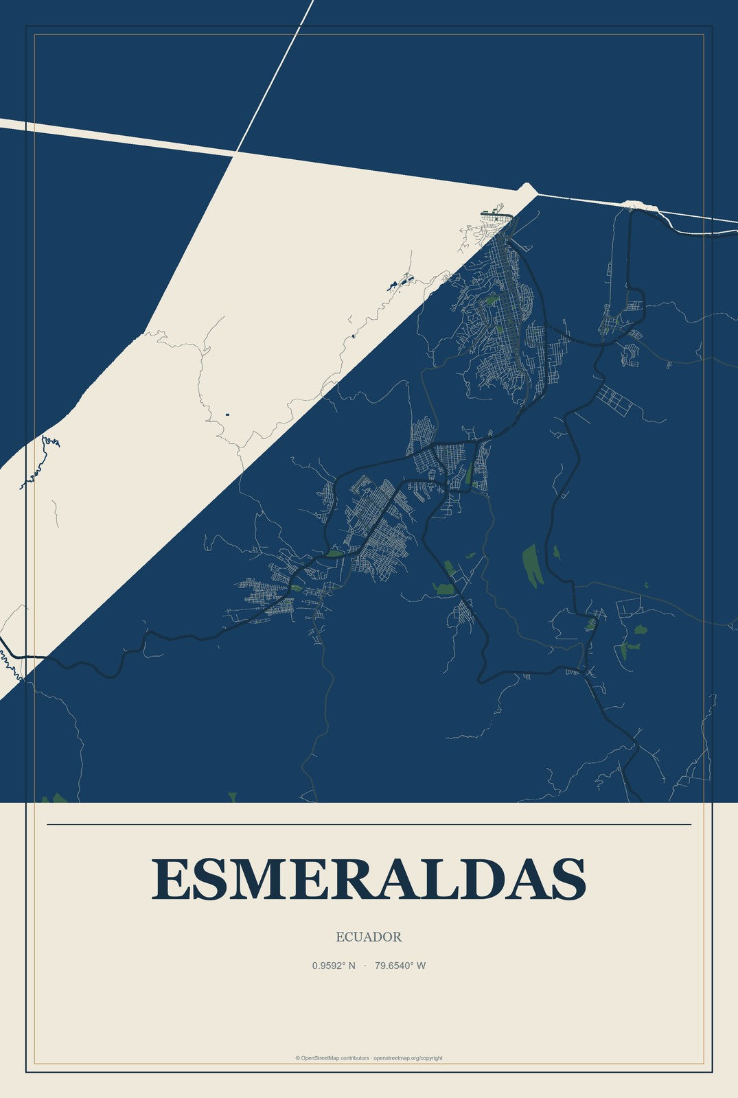 Esmeraldas, Ecuador City Map Aluminum Sign in Coastal Cutout style