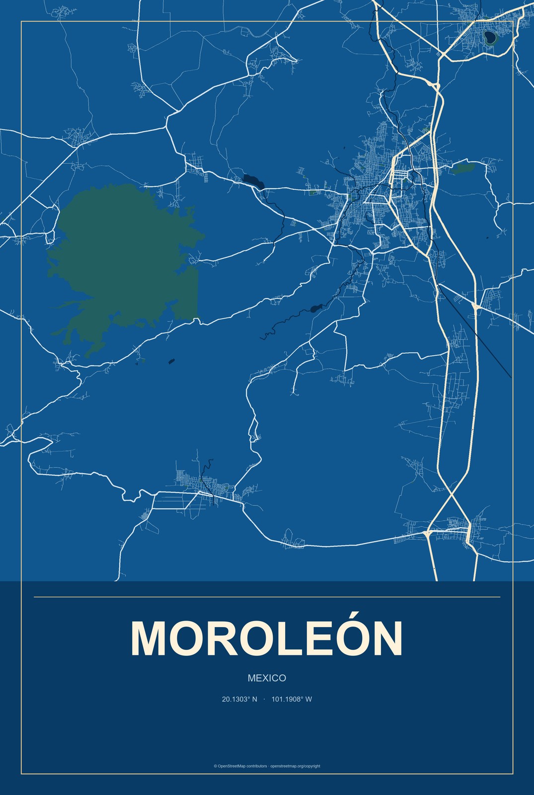 Moroleón, Mexico City Map Aluminum Sign in Harbor Cobalt style