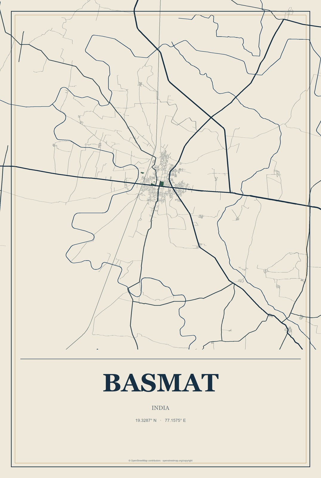Basmat, India City Map Aluminum Sign in Coastal Cutout style
