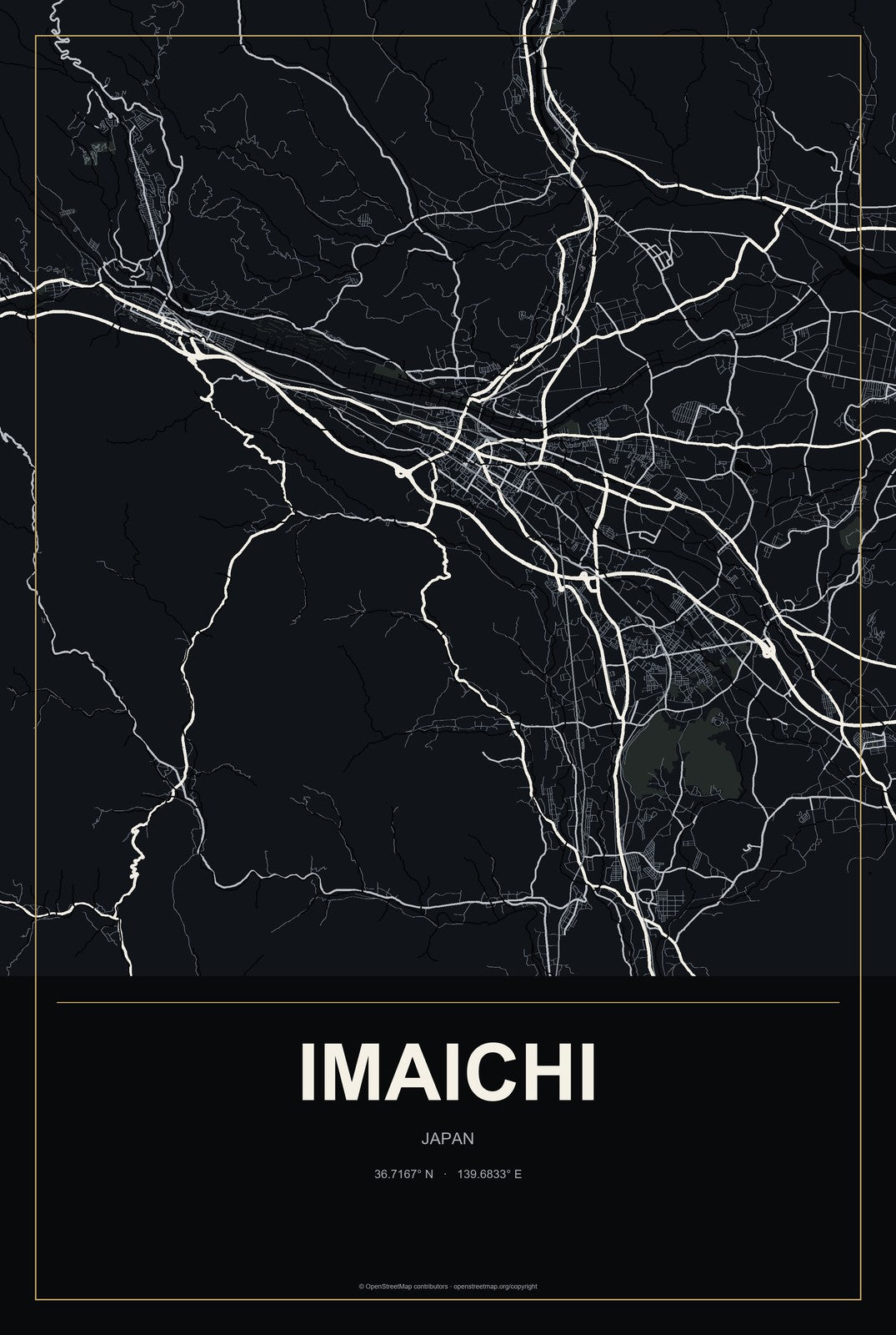 Imaichi, Japan City Map Aluminum Sign in Metropolitan Noir style