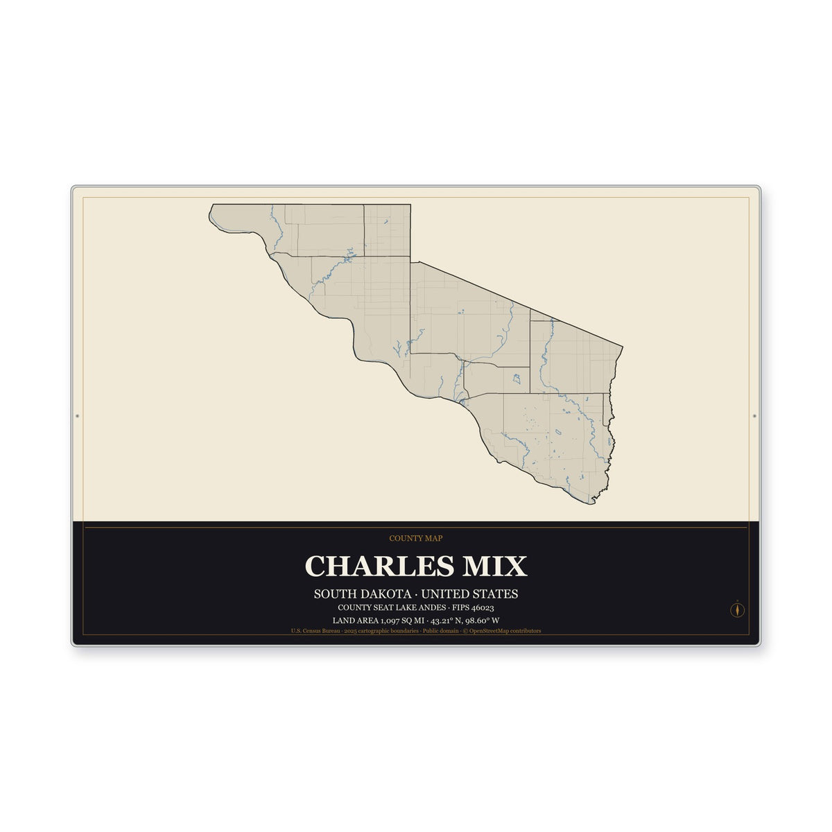 Charles Mix County, South Dakota Map Aluminum Sign in Museum Plaque style