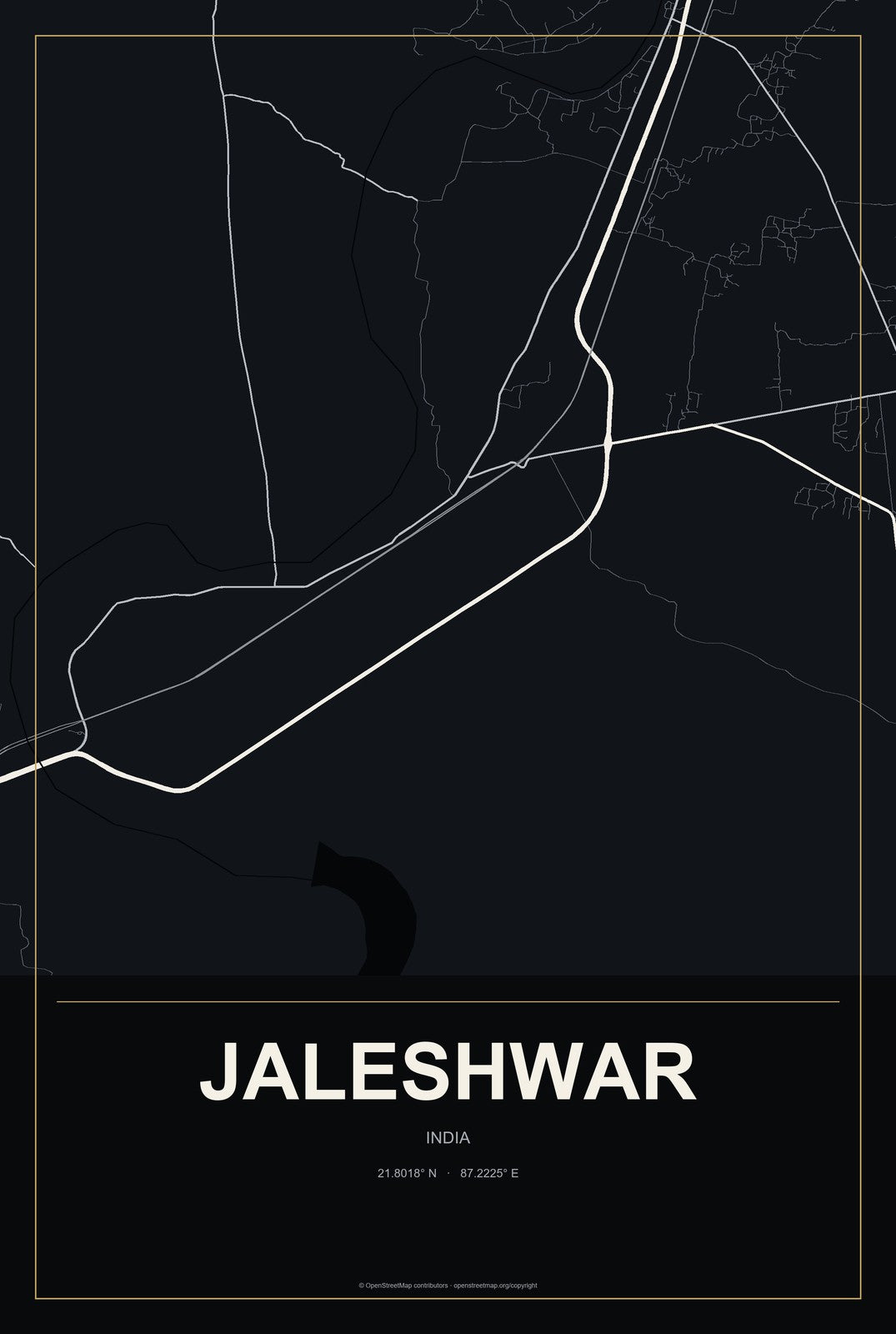 Jaleshwar, India City Map Aluminum Sign in Metropolitan Noir style