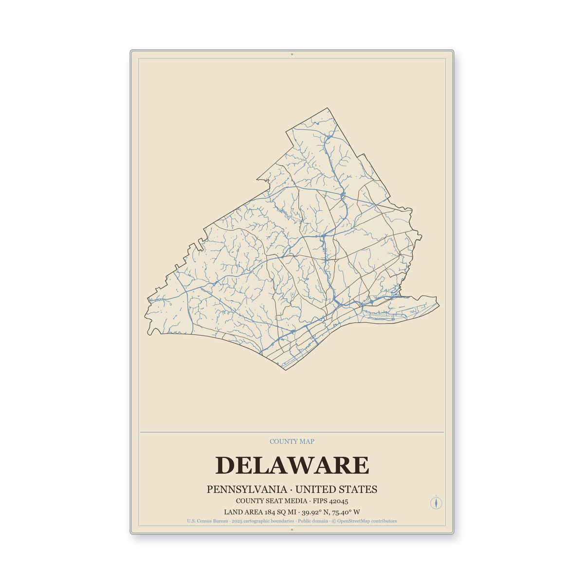 Delaware County, Pennsylvania Map Aluminum Sign in Heritage Nautical style