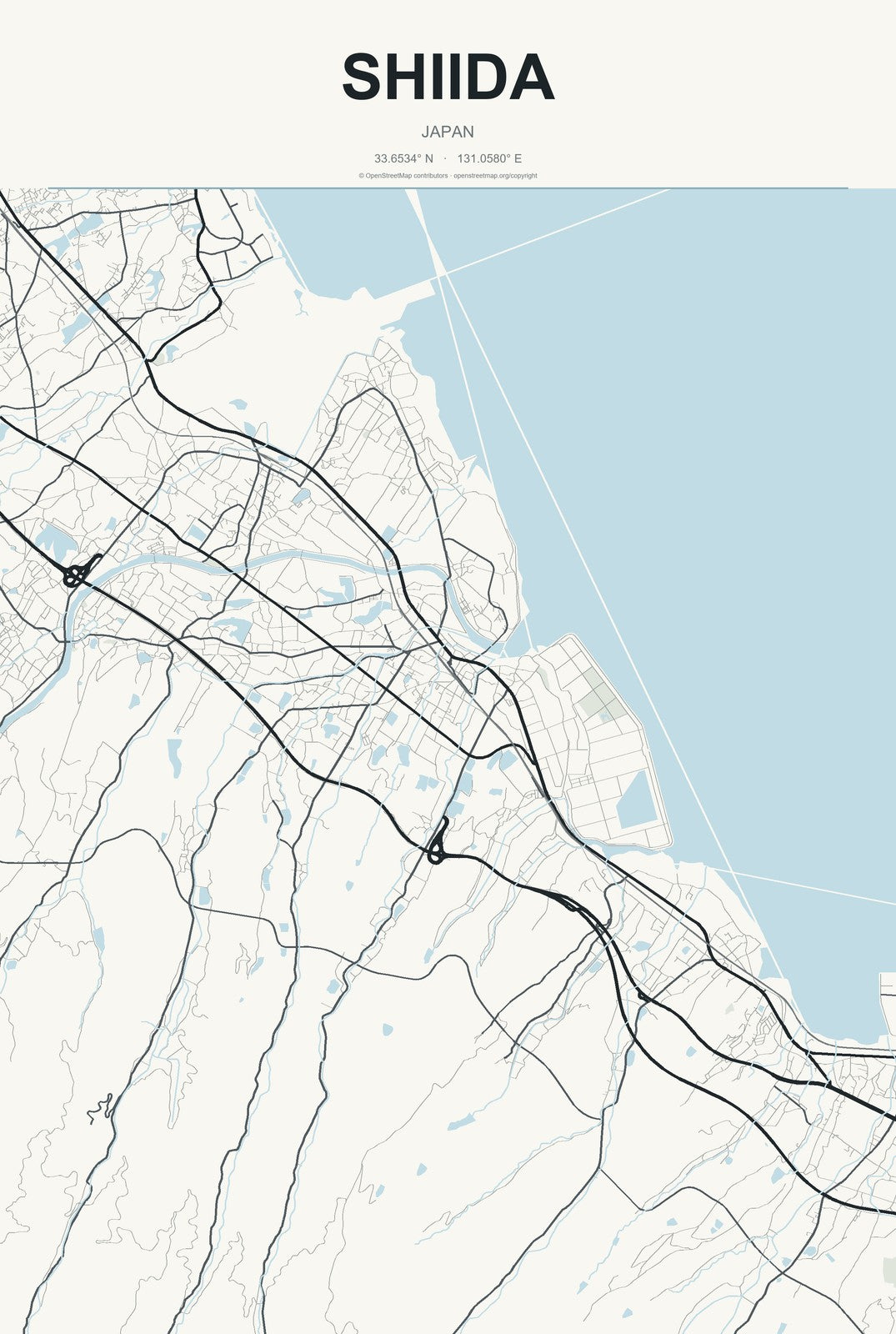 Shiida, Japan City Map Aluminum Sign in Headline Atlas style