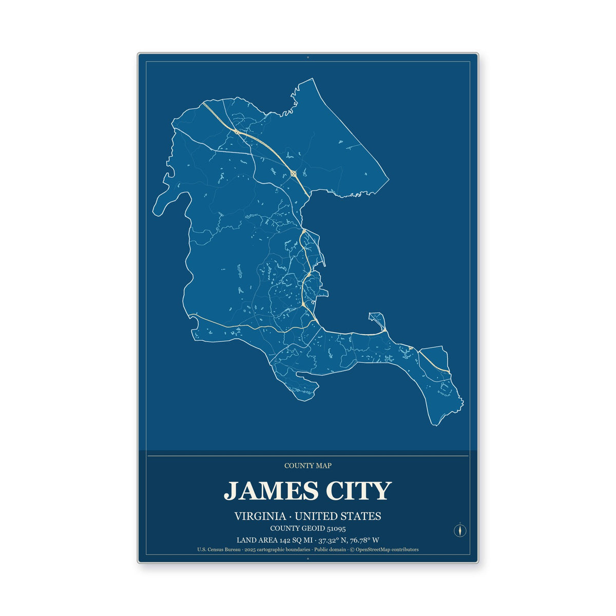 James City County, Virginia Map Aluminum Sign in Harbor Cobalt style