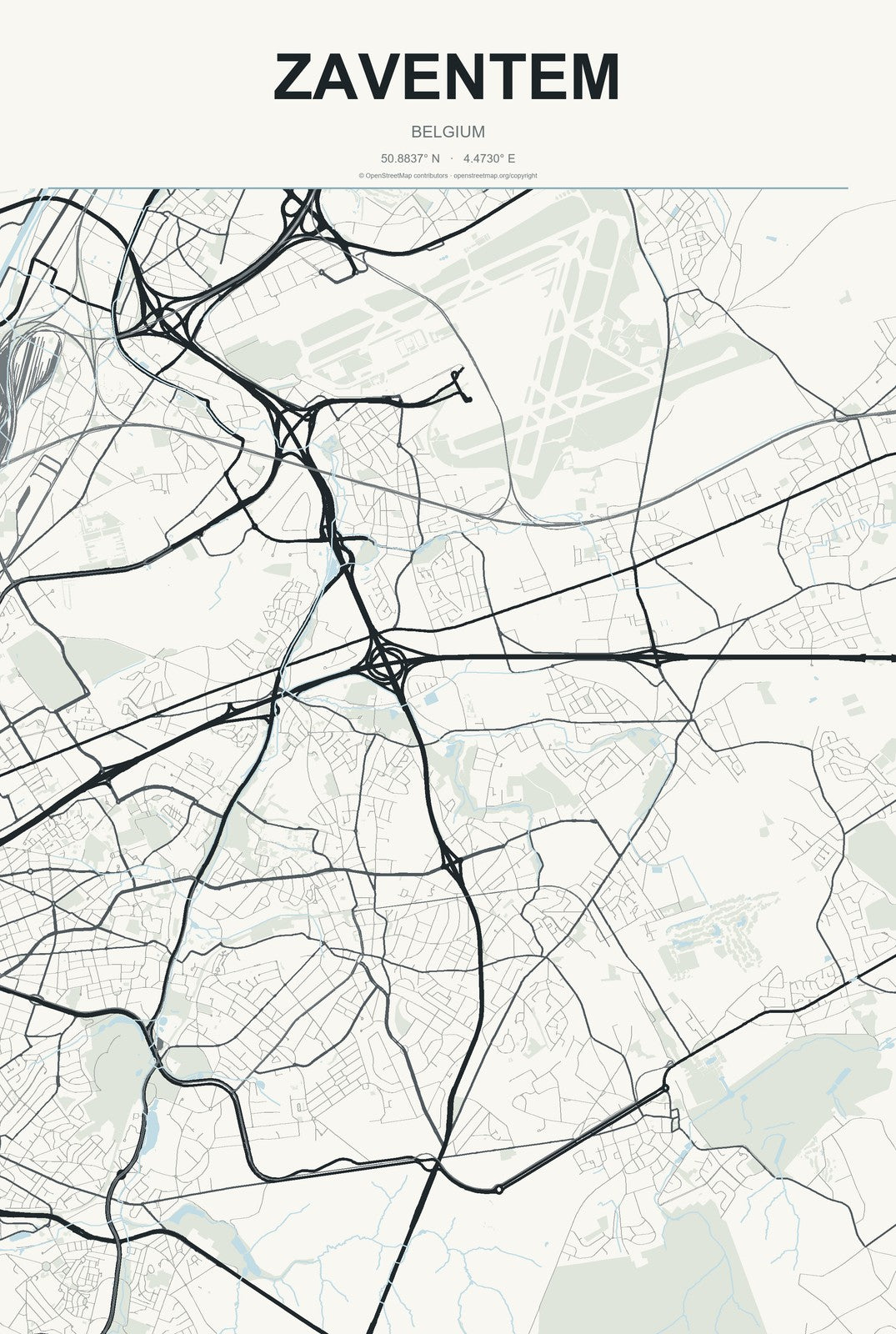 Zaventem, Belgium City Map Aluminum Sign in Headline Atlas style