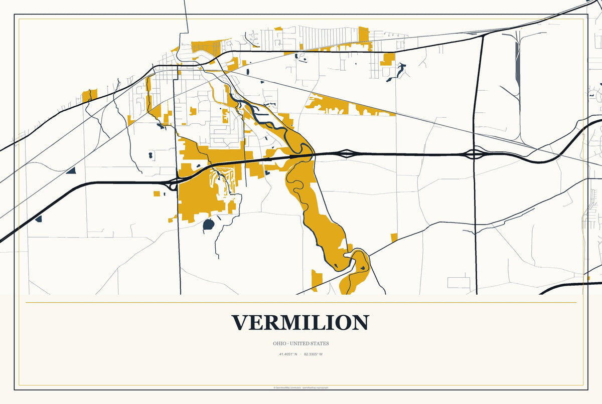 Vermilion, Ohio City Map Aluminum Sign in Citrine Modern style