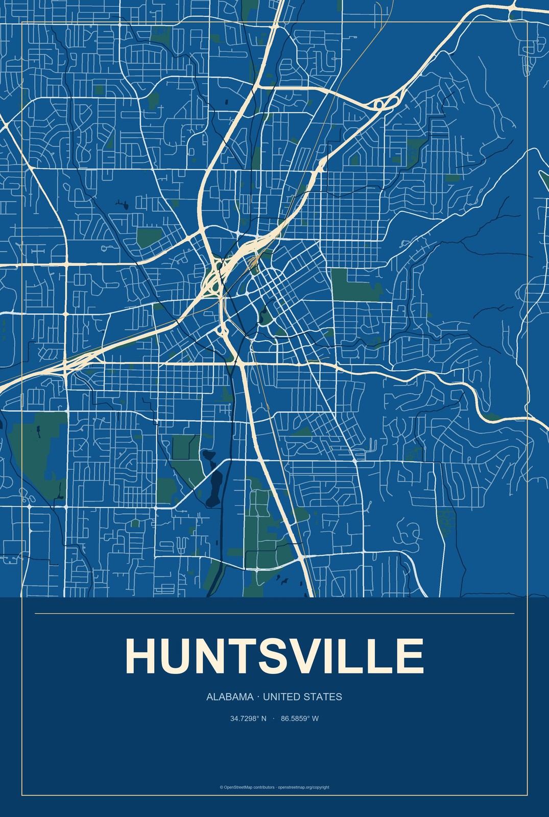Huntsville, Alabama City Map Aluminum Sign in Harbor Cobalt style