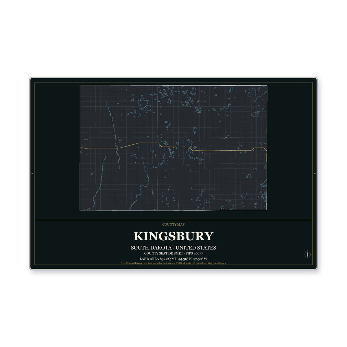 Kingsbury County, South Dakota Map Aluminum Sign in Metropolitan Noir style