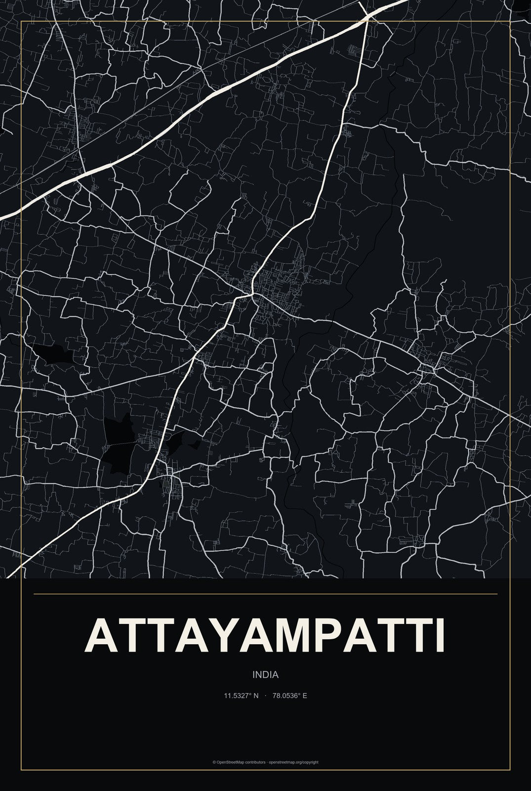 Attayampatti, India City Map Aluminum Sign in Metropolitan Noir style