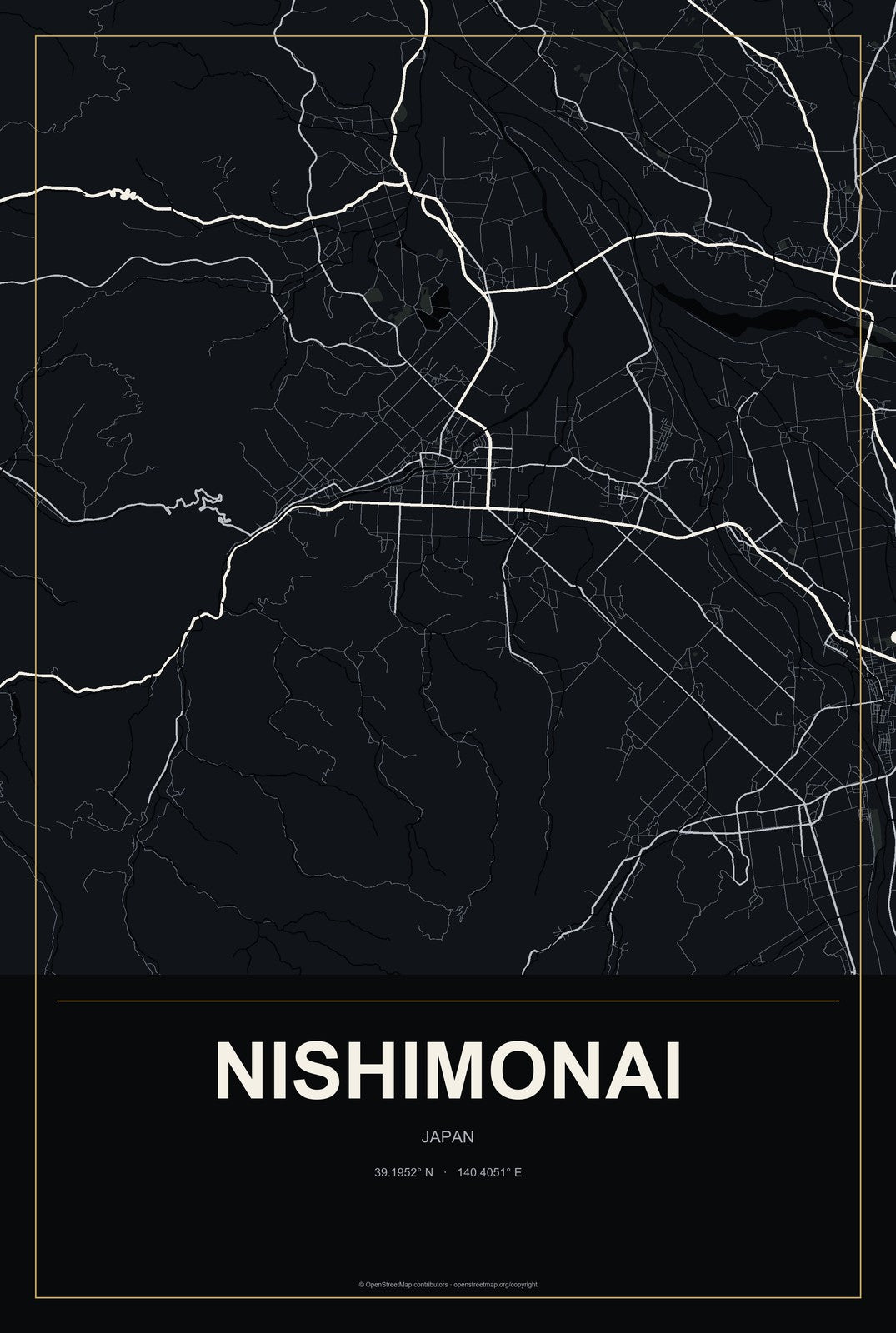 Nishimonai, Japan City Map Aluminum Sign in Metropolitan Noir style