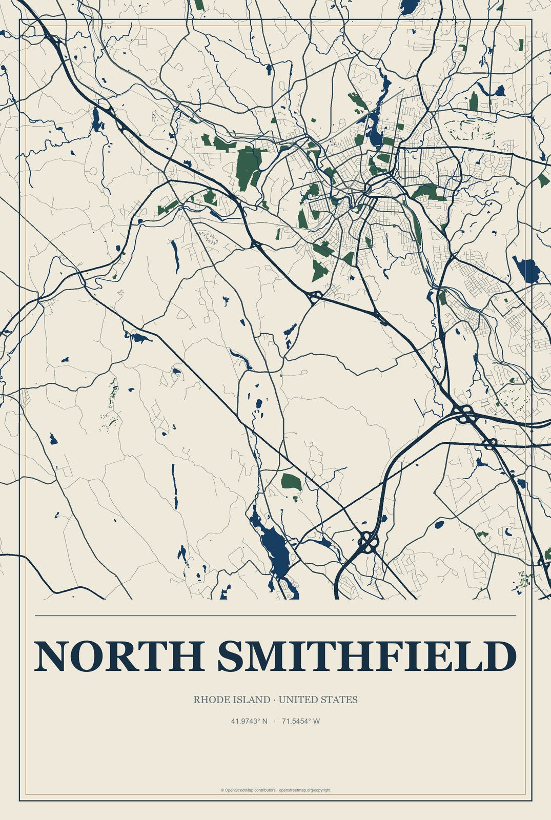 North Smithfield, Rhode Island City Map Aluminum Sign in Coastal Cutout style