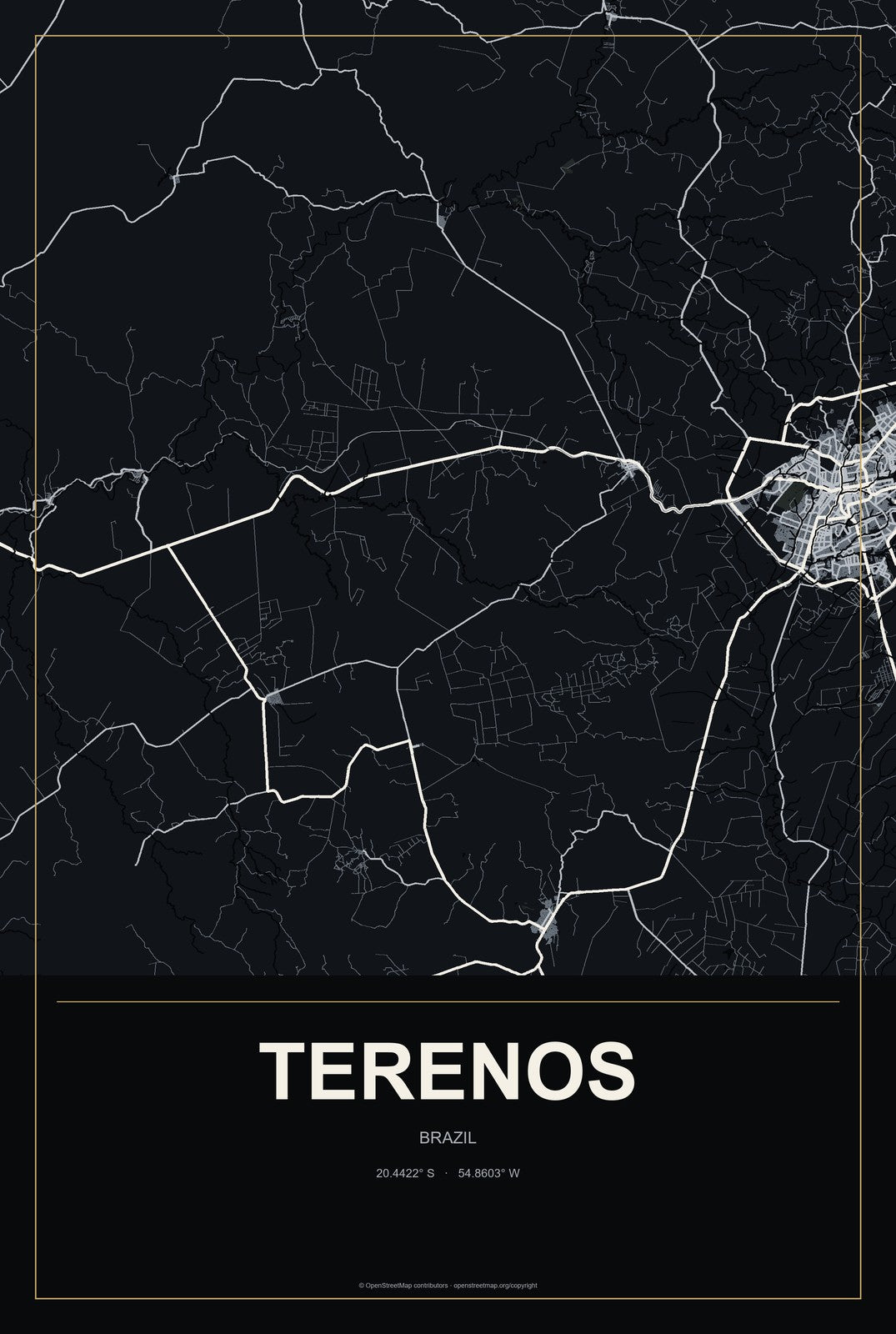 Terenos, Brazil City Map Aluminum Sign in Metropolitan Noir style