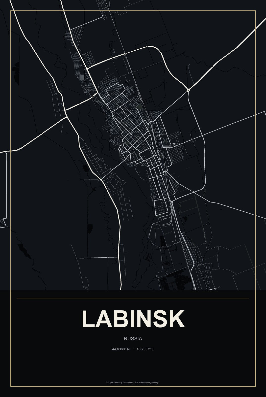 Labinsk, Russia City Map Aluminum Sign in Metropolitan Noir style
