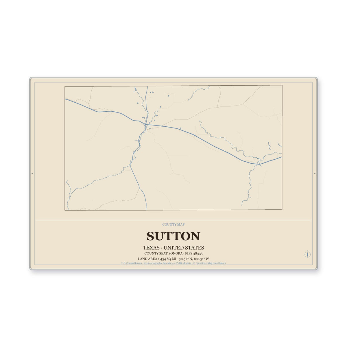 Sutton County, Texas Map Aluminum Sign in Heritage Nautical style