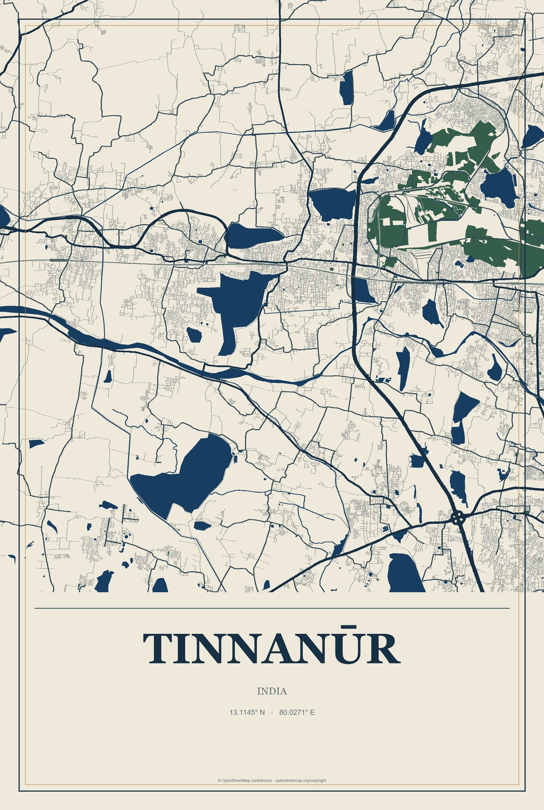 Tinnanūr, India City Map Aluminum Sign in Coastal Cutout style