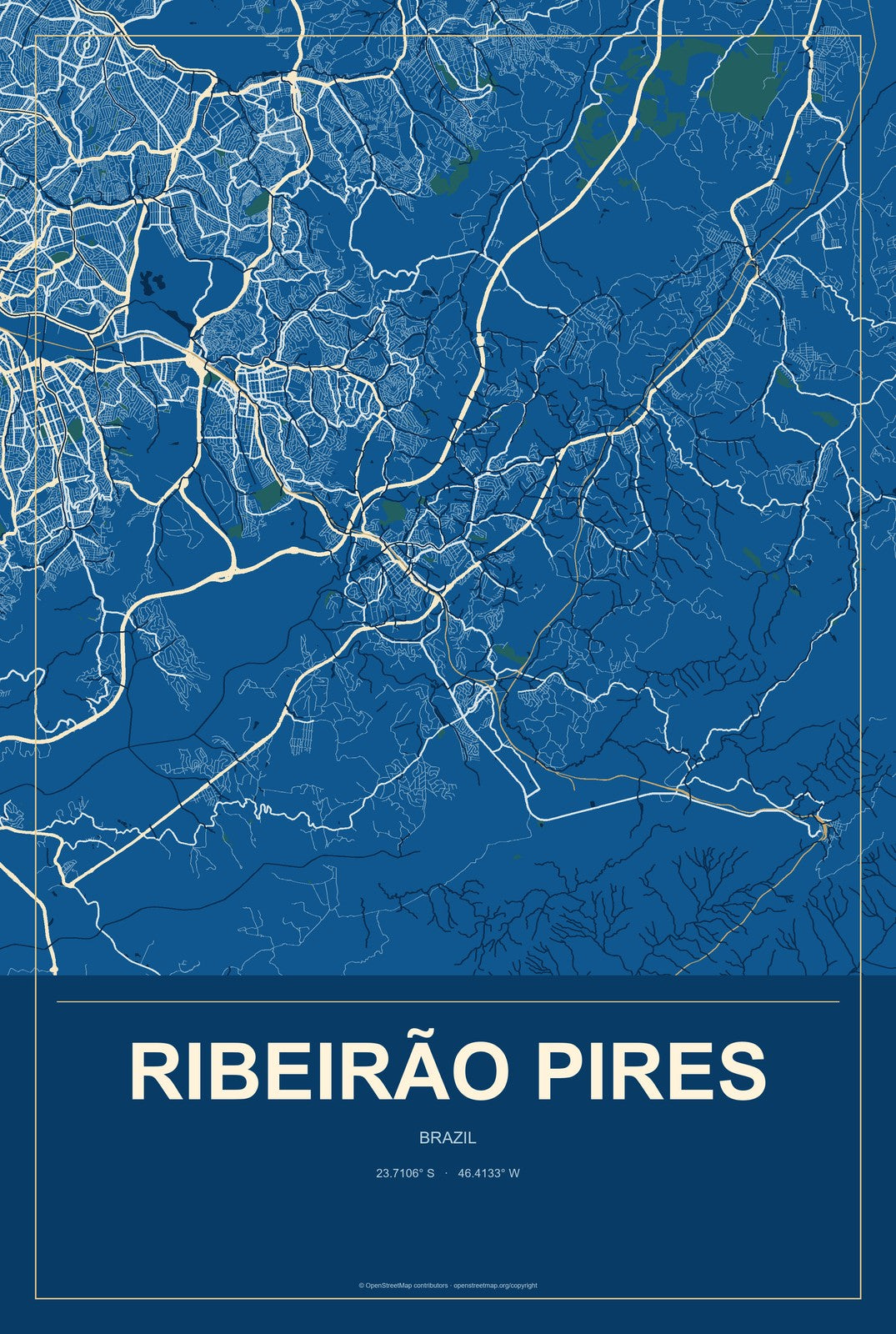 Ribeirão Pires, Brazil City Map Aluminum Sign in Harbor Cobalt style