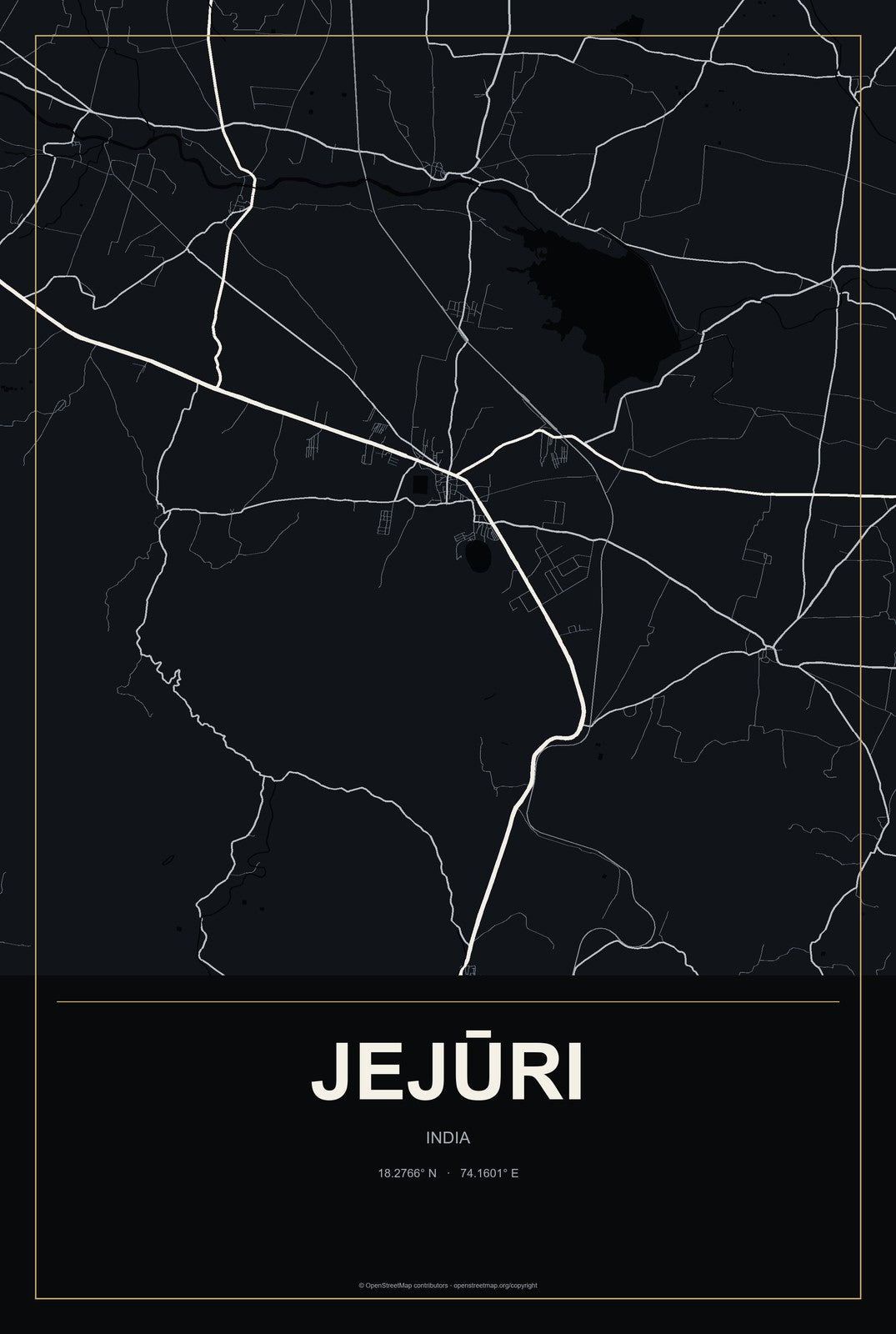 Jejūri, India City Map Aluminum Sign in Metropolitan Noir style