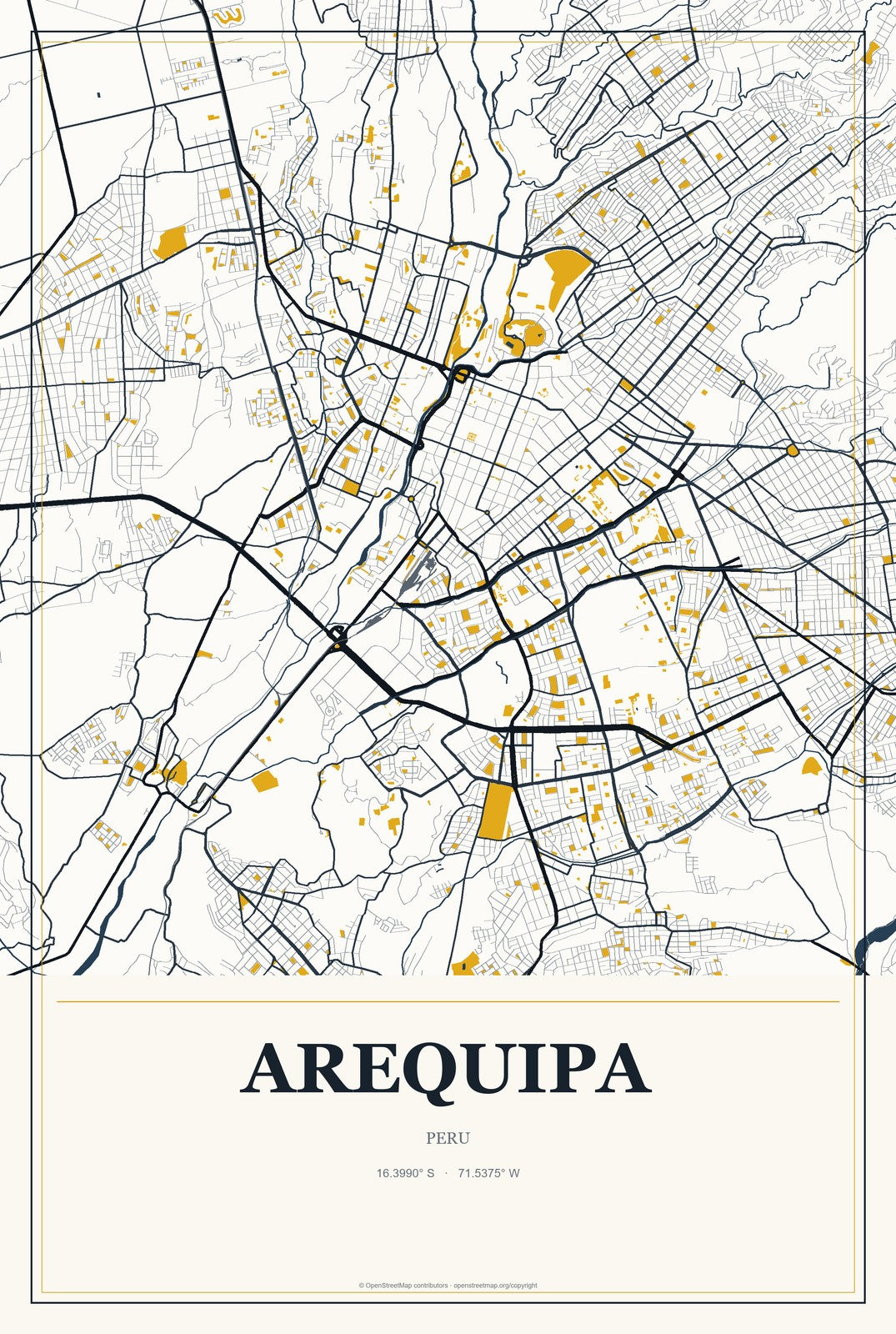 Arequipa, Peru City Map Aluminum Sign in Citrine Modern style